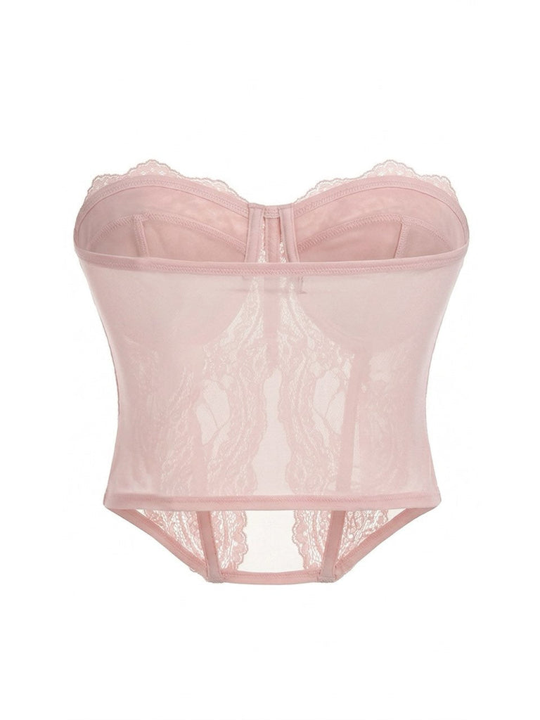 2 Pièces Rose Foncé Dentelle Uni Bandeau Haut & Brodé Jupe Années 1980 6