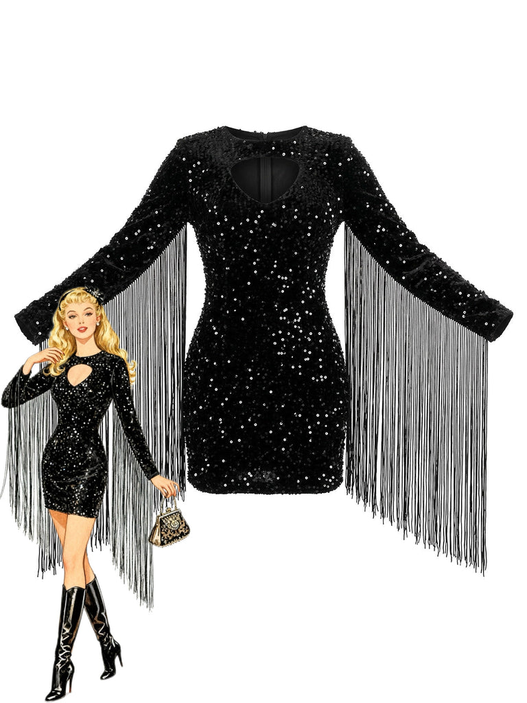 Robe noire à sequins, décolleté goutte d’eau, manches longues et franges années 1980
