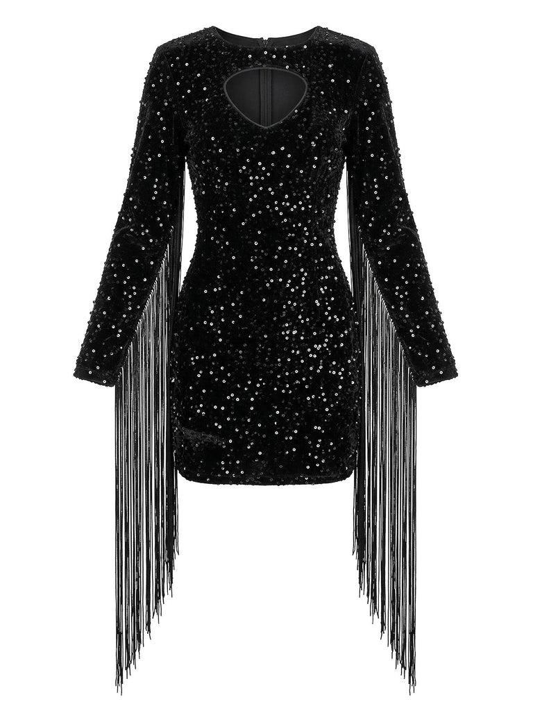 Robe noire à sequins, décolleté goutte d’eau, manches longues et franges années 1980