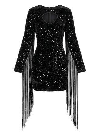 Robe noire à sequins, décolleté goutte d’eau, manches longues et franges années 1980