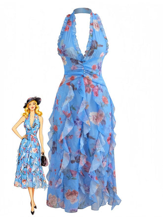 Floral Halter Col V Volants Plissé Robe Années 1930