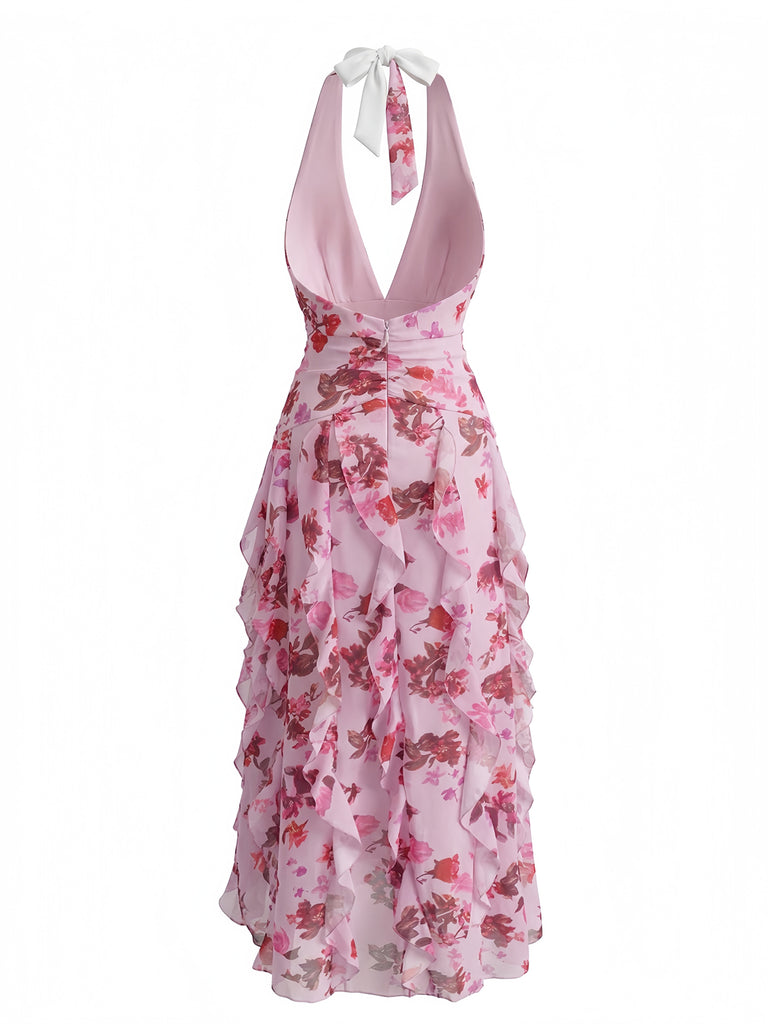 Floral Halter Col V Volants Plissé Robe Années 1930 5