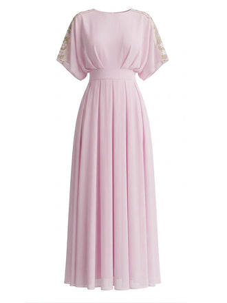Rose Pâle Col Rond Mousseline Plissé Robe Longue Années 1930