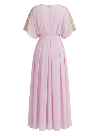Rose Pâle Col Rond Mousseline Plissé Robe Longue Années 1930 2