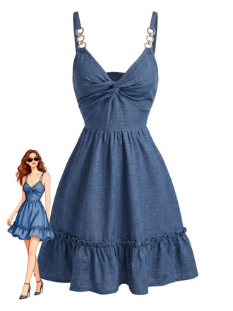 Robe Bleue à Bretelles Fines avec Nœud et Volants Années '60