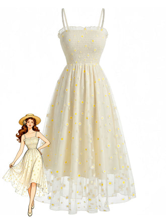 Robe Midi Jaune Clair en Tulle à Broderie de Marguerites et Fronces Années '50