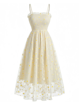 Robe Midi Jaune Clair en Tulle à Broderie de Marguerites et Fronces Années '50 2