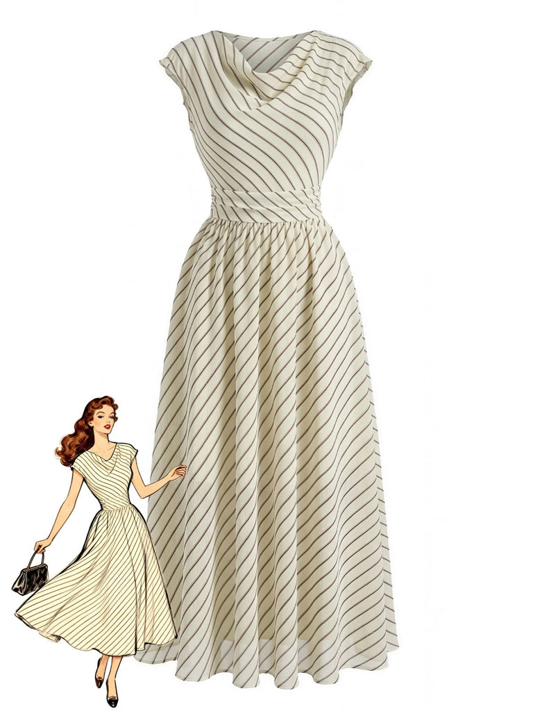 Robe Évasée Beige en Mousseline à Rayures Col Cascadé Années '50