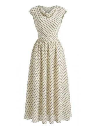 Robe Évasée Beige en Mousseline à Rayures Col Cascadé Années '50 2