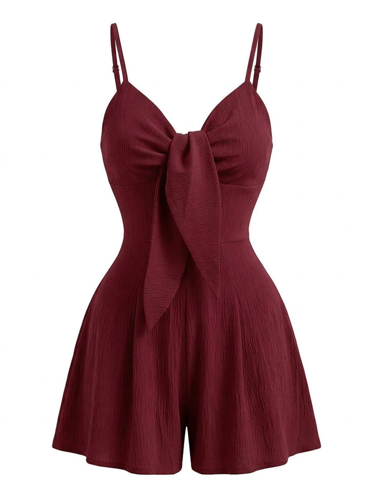 Combishort Rouge Uni à Bretelles Fines avec Nœud et Texture Années '50 3