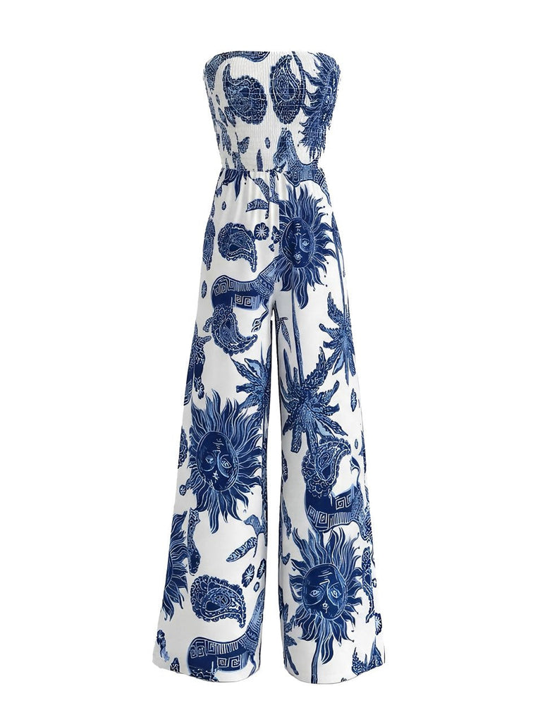 Combinaison Bleue Bustier à Imprimé Céleste et Fronces Années '70 2