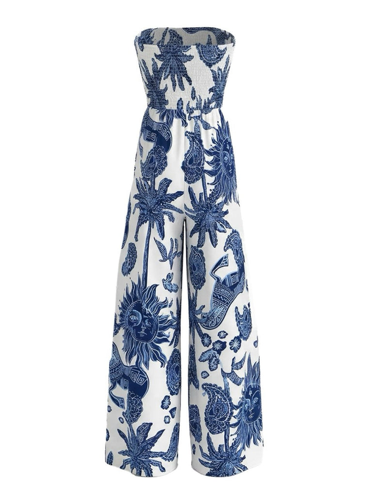 Combinaison Bleue Bustier à Imprimé Céleste et Fronces Années '70 3