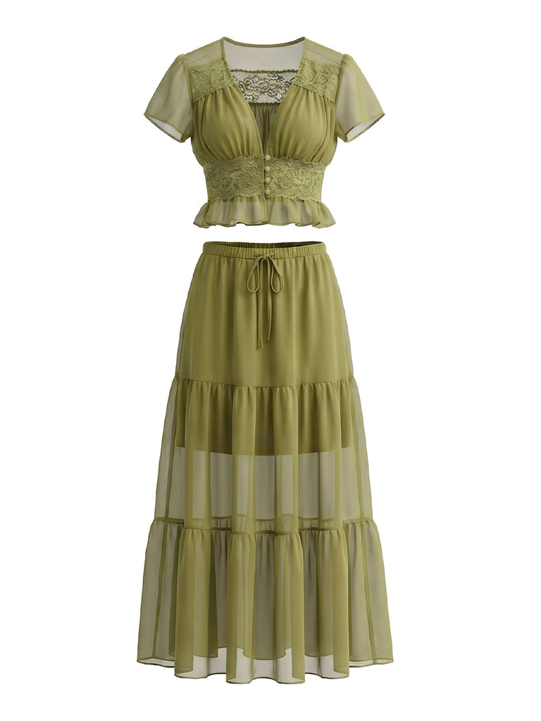 Ensemble 2 Pièces 2PCS Olive en Dentelle Crop & Transparent Maxi Set Années 1940