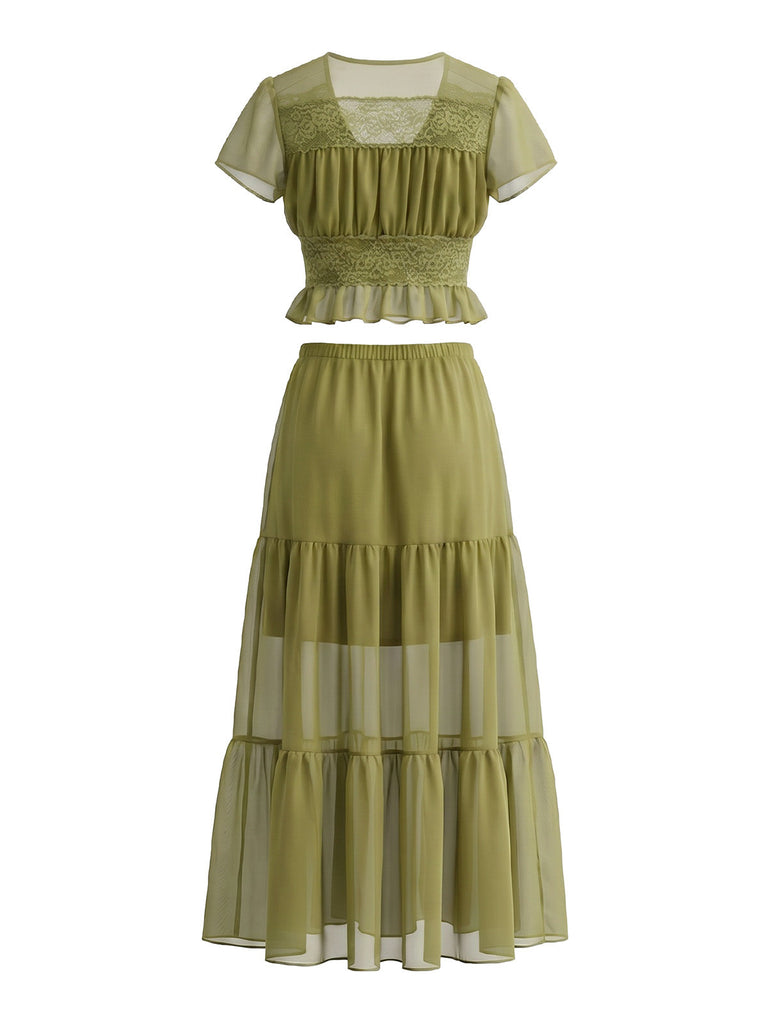 Ensemble 2 Pièces 2PCS Olive en Dentelle Crop & Transparent Maxi Set Années 1940 2
