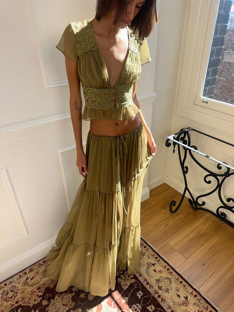 Ensemble 2 Pièces 2PCS Olive en Dentelle Crop & Transparent Maxi Set Années 1940 5