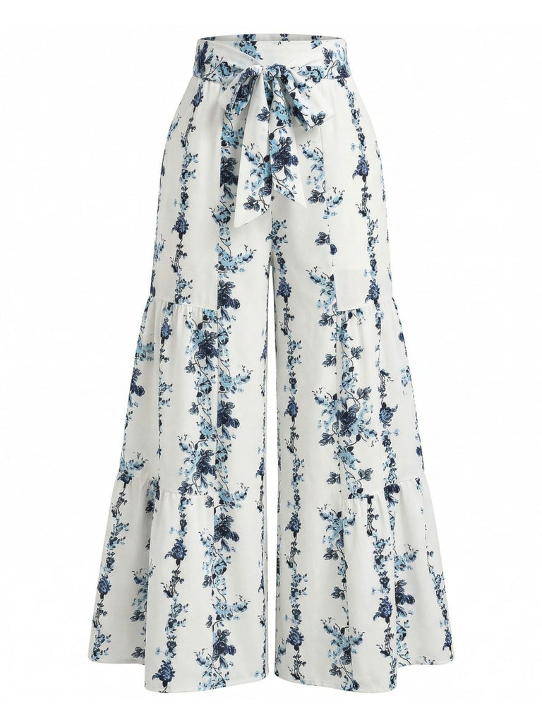 Pantalon Ourlet à Volants Boho Floral Gris Années 70