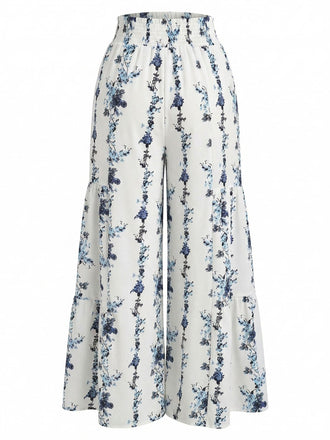 Pantalon Ourlet à Volants Boho Floral Gris Années 70