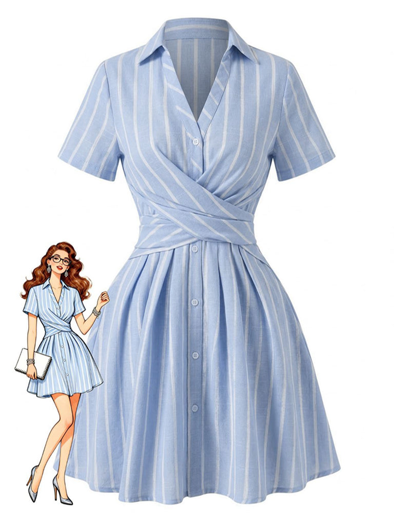 Robe bleue rayures verticales col Johnny croisé années 1950