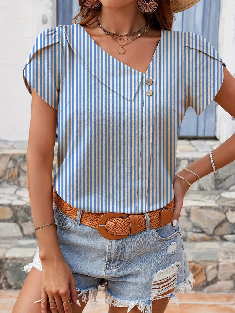 Blouse Col V à Rayures Bleu Clair Années 1960 5