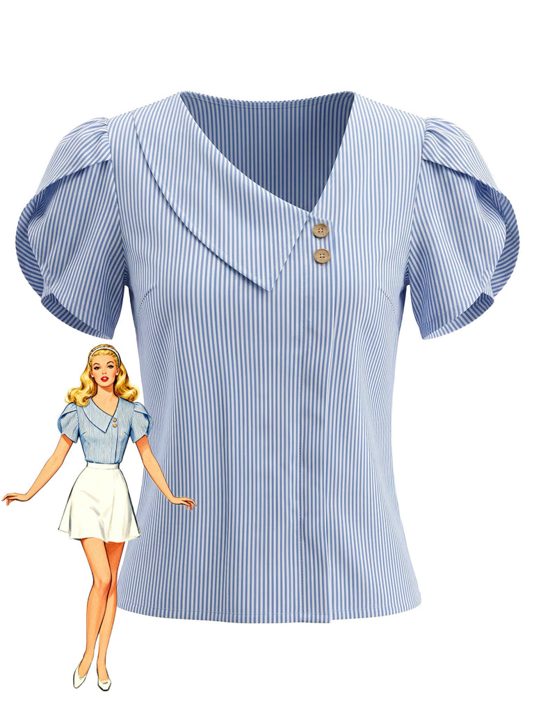 Blouse Col V à Rayures Bleu Clair Années 1960