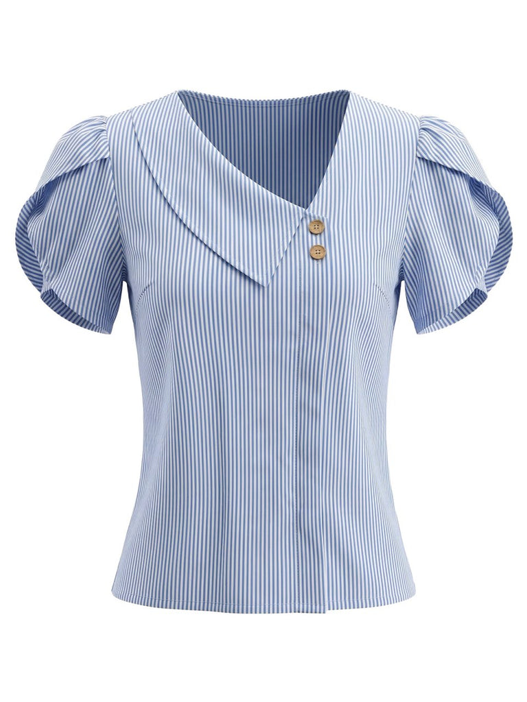 Blouse Col V à Rayures Bleu Clair Années 1960 2