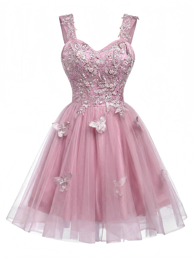 Robe courte rose à paillettes et papillons années 60