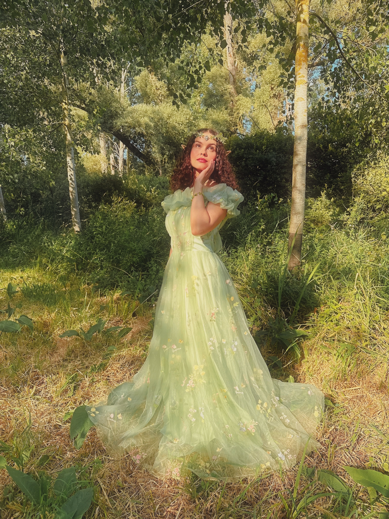 Robe bustier résille brodée fleurs verte années 30