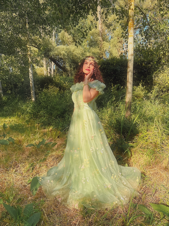 Robe bustier résille brodée fleurs verte années 30