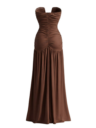 Robe longue décolleté V profond détails drapés sans bretelles et dotée d'une fente haute années 70