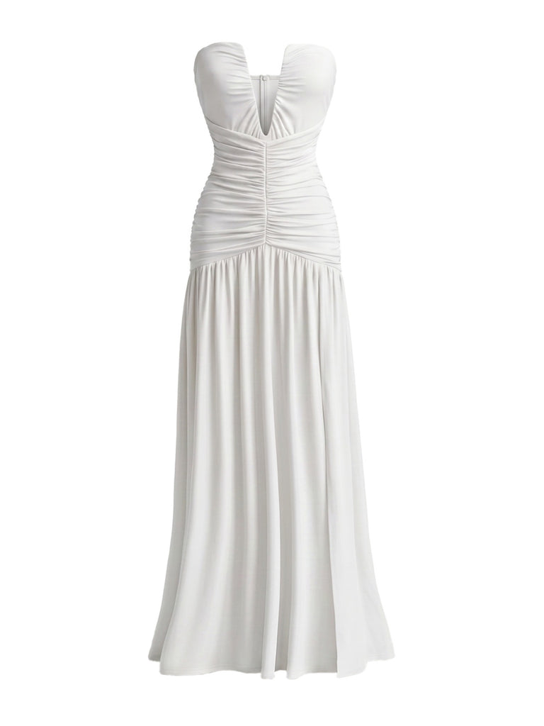 Robe longue décolleté V profond détails drapés sans bretelles et dotée d'une fente haute années 70