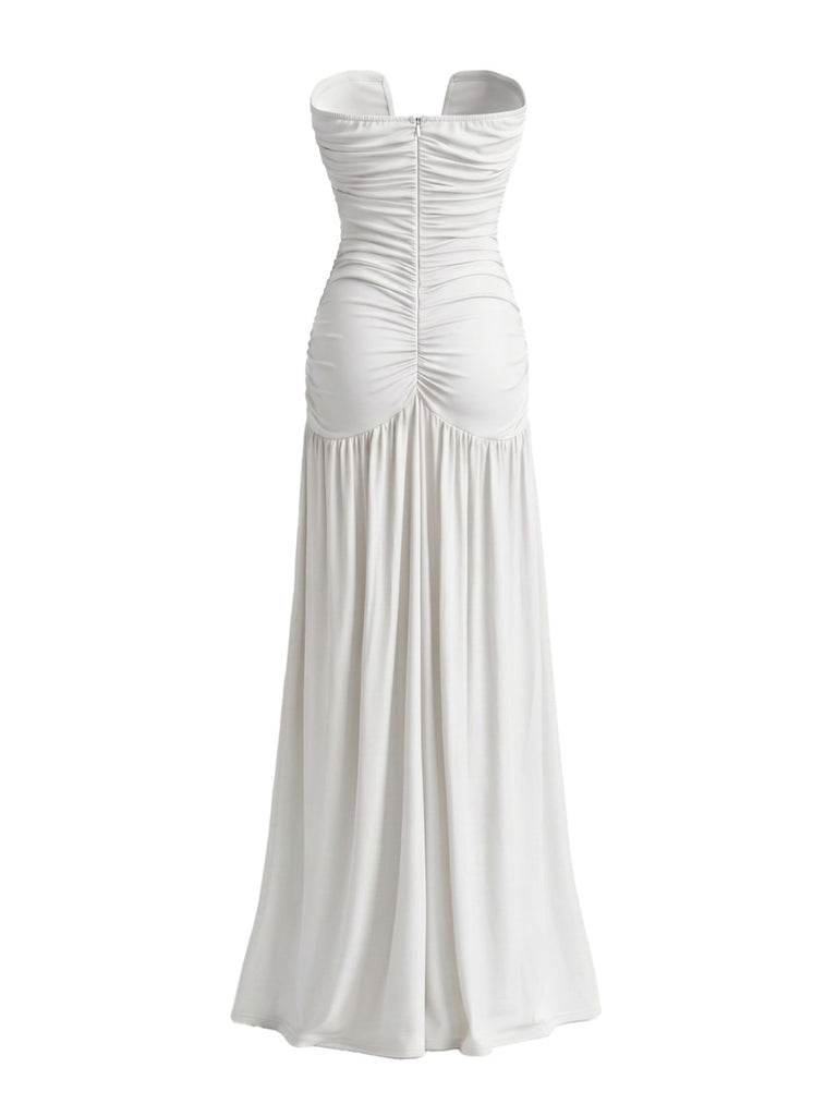 Robe longue décolleté V profond détails drapés sans bretelles et dotée d'une fente haute années 70