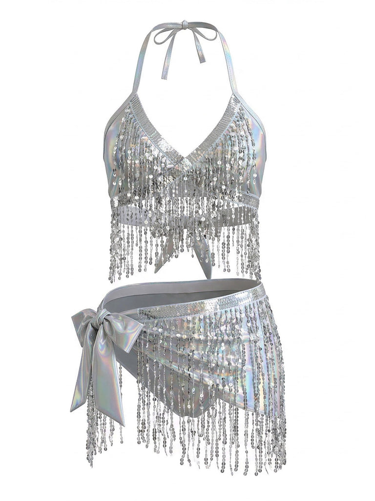 Argent Holographique Sequin Franges Ensemble Bikini & Cache-Maillot Années 1970