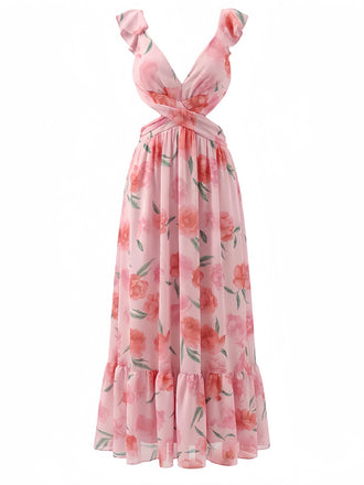Robe longue rose mousseline fleurs décolleté en V profond et dos nu années 1930