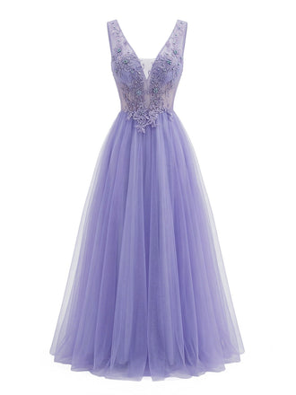 Robe Longue Violette en Tulle Col V à Broderie Années '50
