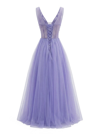 Robe Longue Violette en Tulle Col V à Broderie Années '50 2