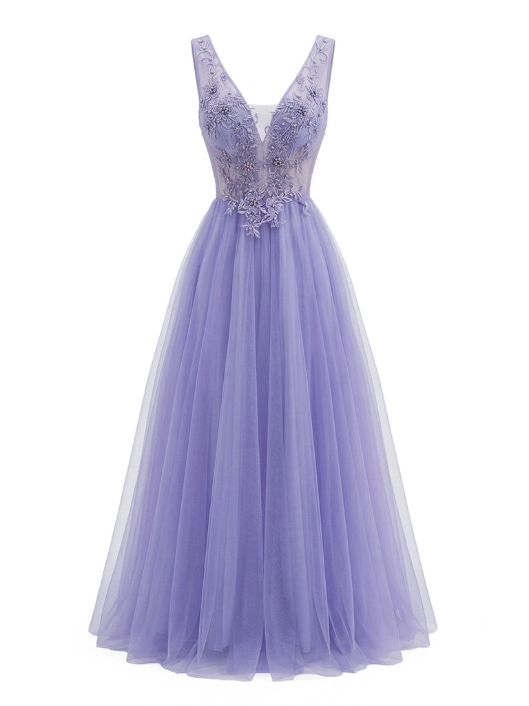 Longue robe violette tulle brodée et à col en V années 1950