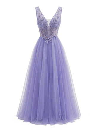Longue robe violette tulle brodée et à col en V années 1950