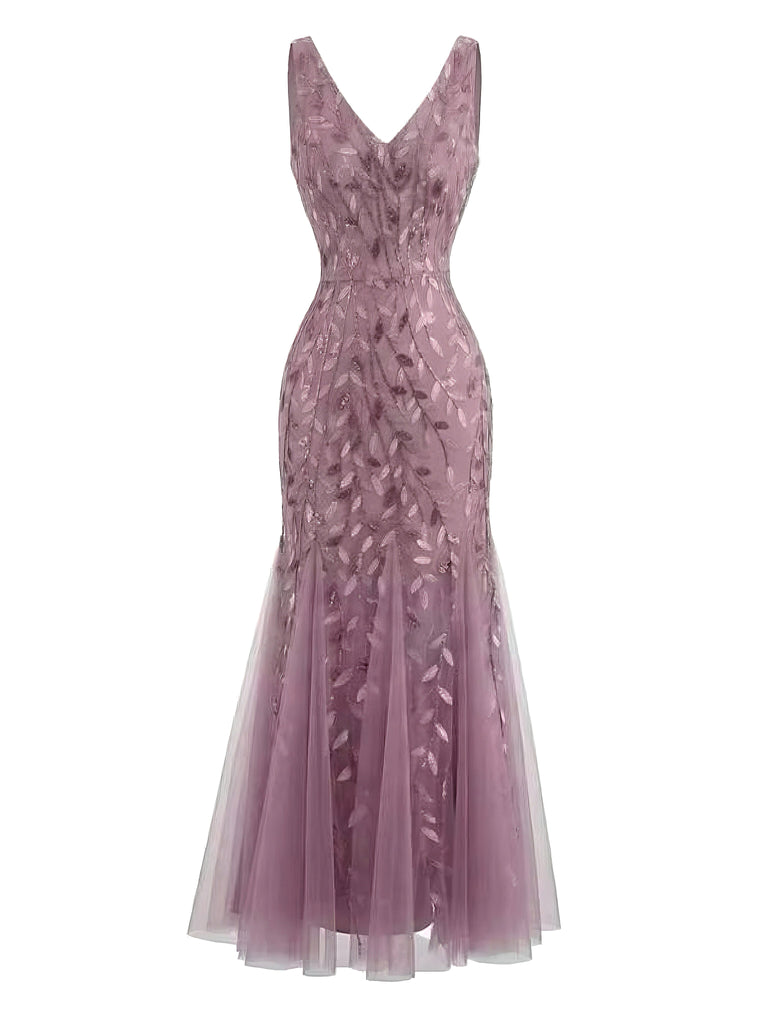 Robe Slim Sans Manches Col V à Broderie et Tulle Années '30 2