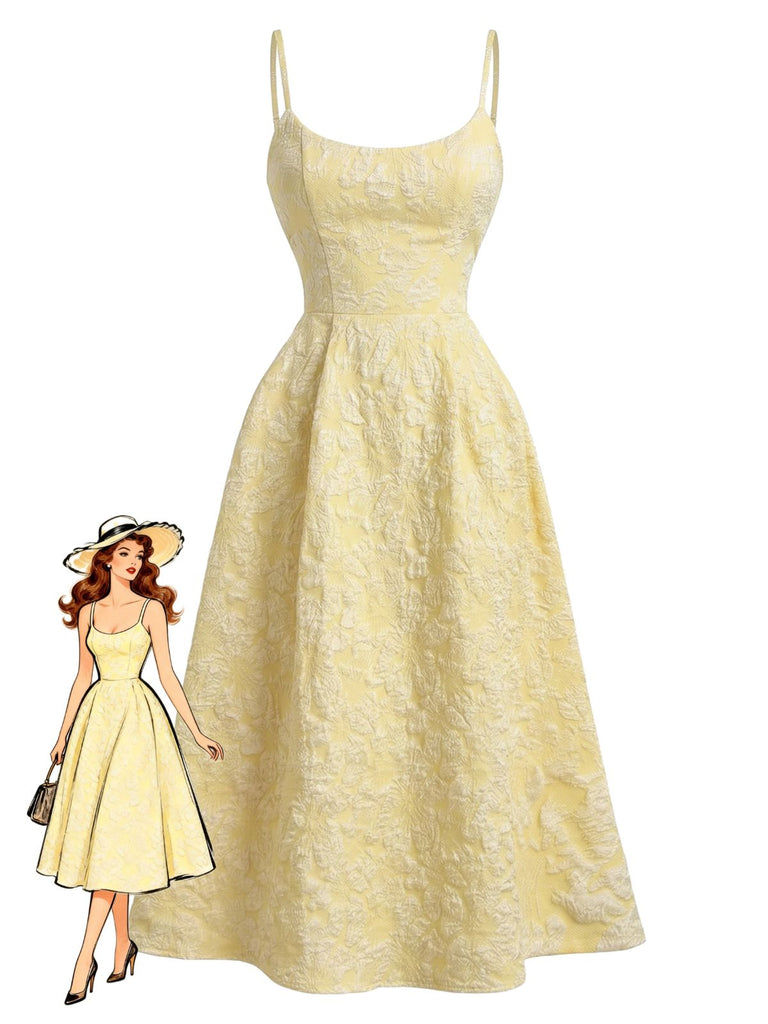 Jaune Floral Jacquard Texturé Bretelles Fines Robe Midi Années 1950