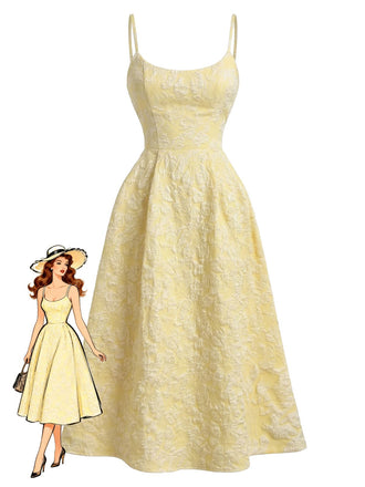 Jaune Floral Jacquard Texturé Bretelles Fines Robe Midi Années 1950
