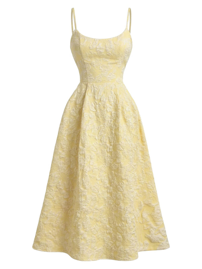 Jaune Floral Jacquard Texturé Bretelles Fines Robe Midi Années 1950 2