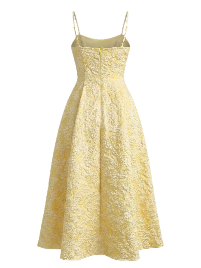 Jaune Floral Jacquard Texturé Bretelles Fines Robe Midi Années 1950 3