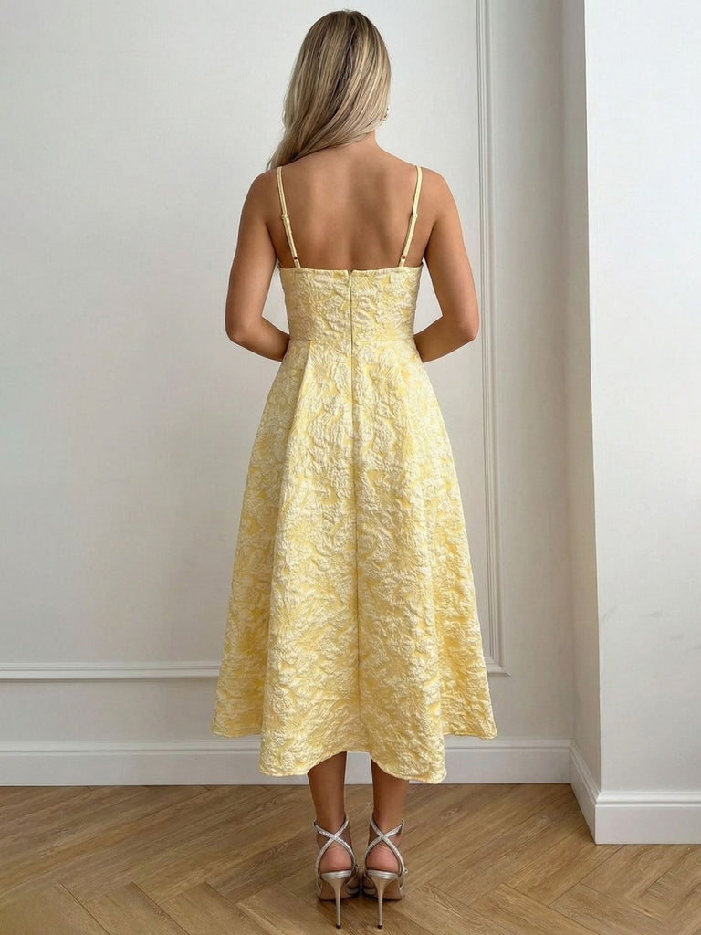 Jaune Floral Jacquard Texturé Bretelles Fines Robe Midi Années 1950 4