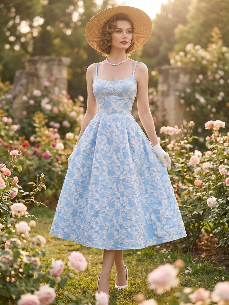 Robe midi bleu fines bretelles floral années 1950
