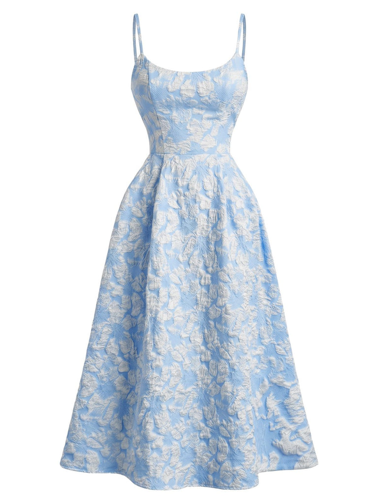 Robe midi jaune fines bretelles et imprimé floral jacquard années 1950