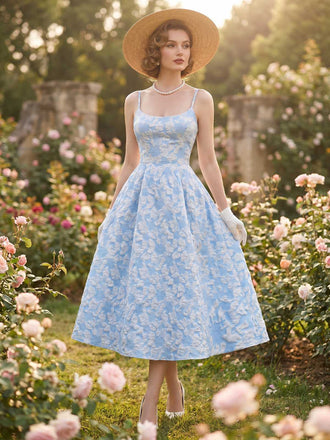 Robe midi bleu fines bretelles floral années 1950