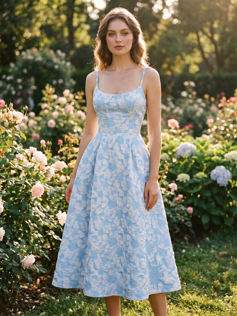 Robe midi rose fines bretelles floral années 1950