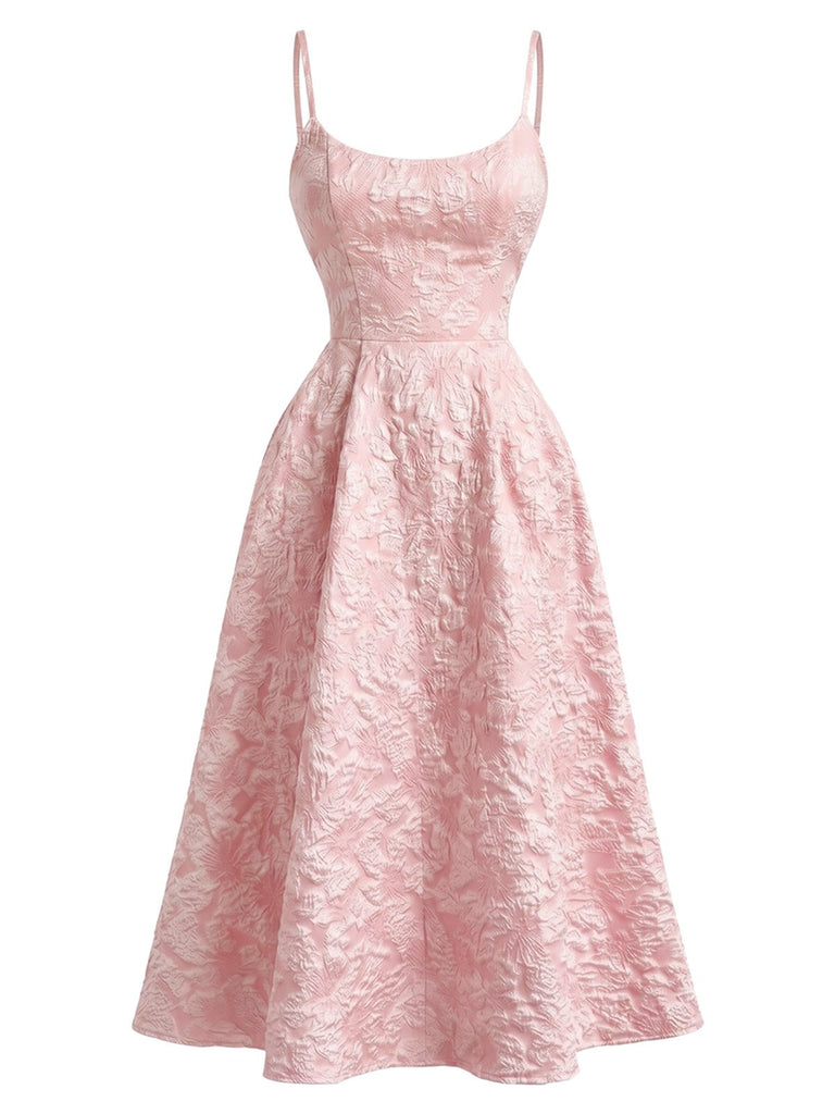 Robe midi jaune fines bretelles et imprimé floral jacquard années 1950