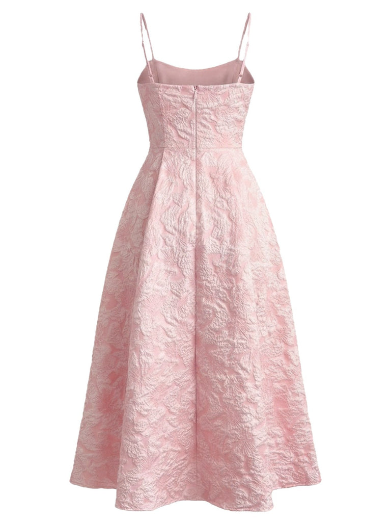 Robe midi jaune fines bretelles et imprimé floral jacquard années 1950