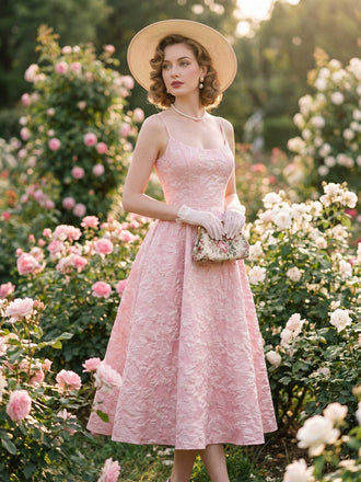 Robe midi rose fines bretelles floral années 1950